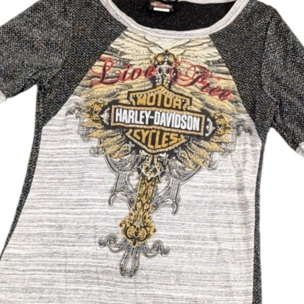 Harley-Davidson‎ Womens Live Free Graphic Top Gray Black Shimmer Raglan Small